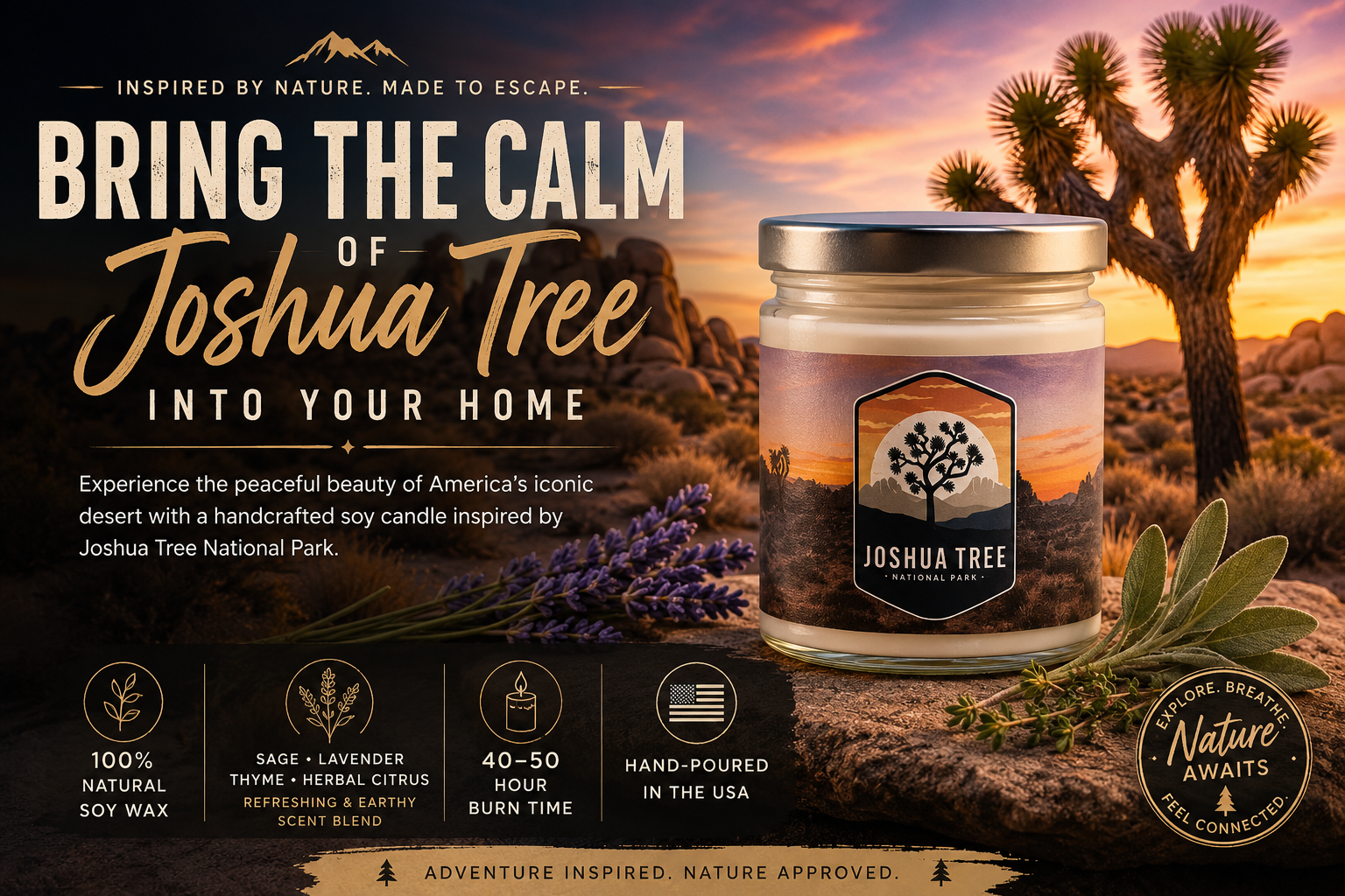 Joshua Tree National Park Inspired Candle. Peace of the Desert at Home