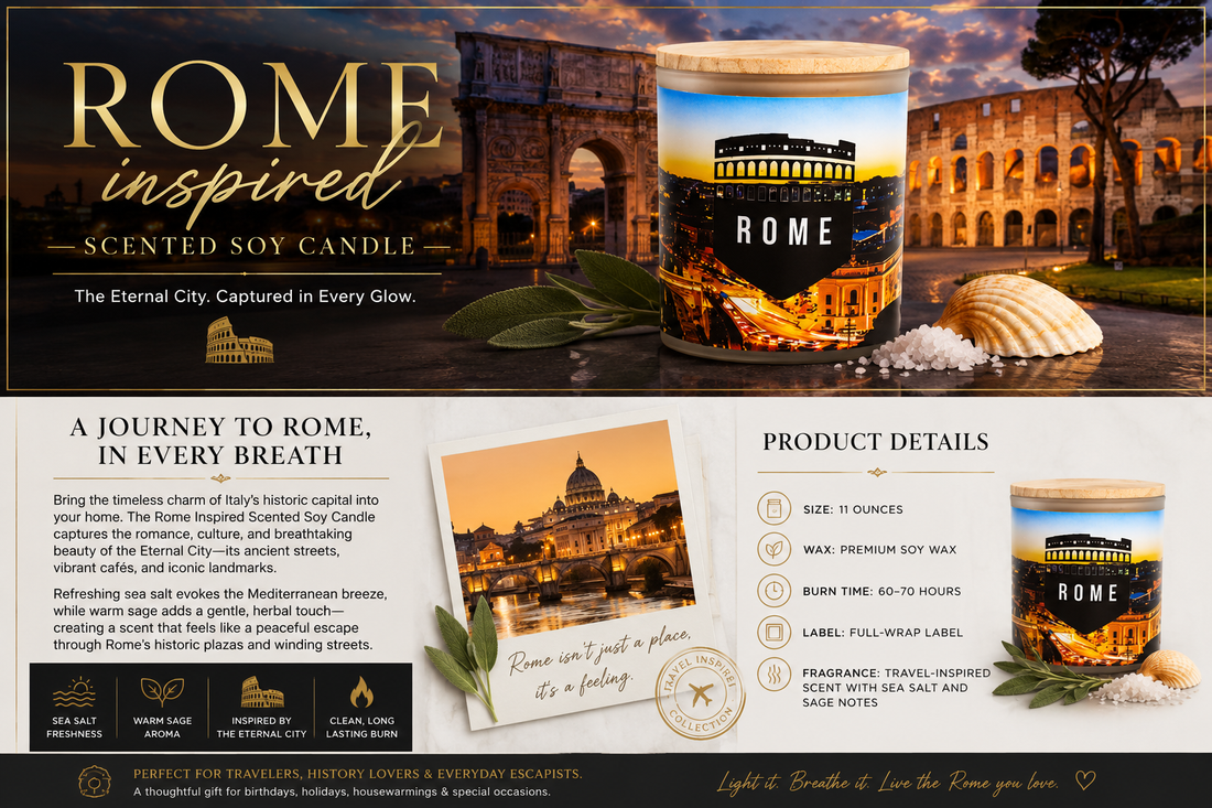 Rome Inspired Scented Soy Candle. Bring the Timeless Beauty of Italy into Your Home